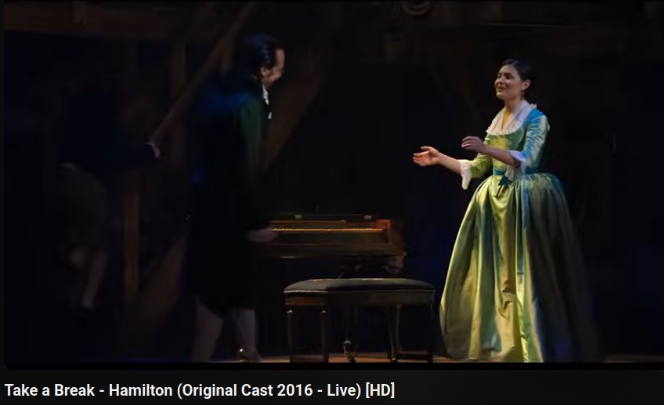Angelica singing "Take a Break" to Alexander Hamilton in the musical Hamilton