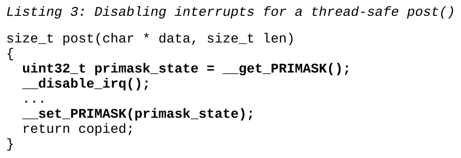 Interrupt disable protecting a printf critical section